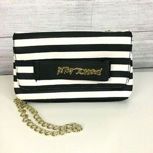 Betsey Johnson Crossbody Bag Striped Chain Strap Vegan Faux Leather Shoulder